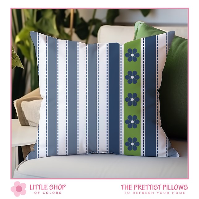 Blue Green Stripes Floral Throw Pillow (Creator Uploaded)