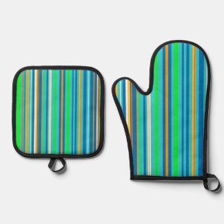 Blue Green Stripes Oven Mitt and Pot Holder Set