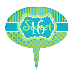 Blue Green Stripes, Polka Dots Sweet 16 Cake Pick