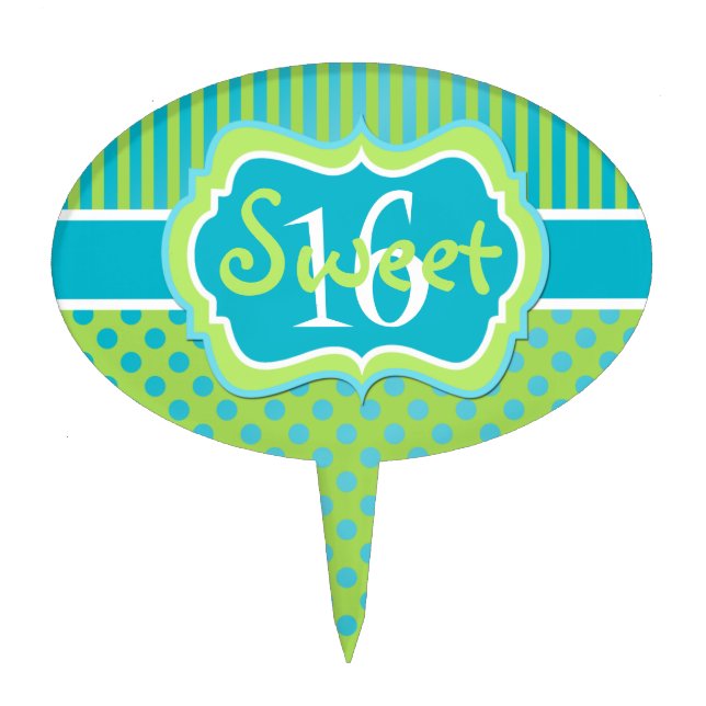 Blue Green Stripes, Polka Dots Sweet 16 Cake Pick (Front)