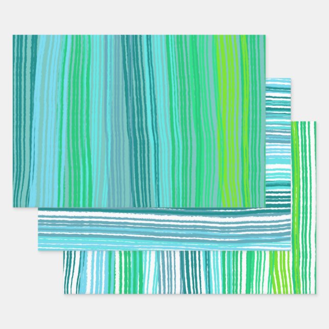 Blue Green Stripes Variety Pack of Wrapping Paper Sheets (Set)