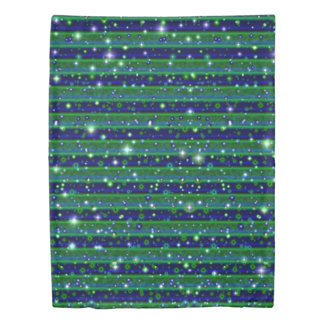 Blue Green Stripes with Stars and Raindrops Duvet Cover (Front)