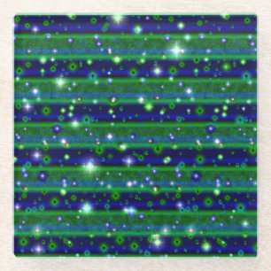 Blue Green Stripes with Stars and Raindrops Glass Coaster