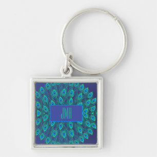 BLUE GREEN STYLIZED PEACOCK TAIL FEATHERS MONOGRAM KEYCHAIN