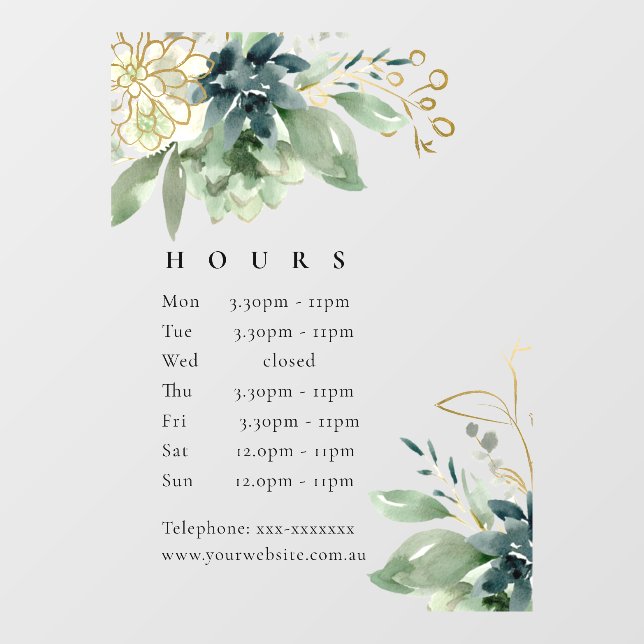 Blue Green Succulent Fauna Opening Hours Window Cling (Sheet)