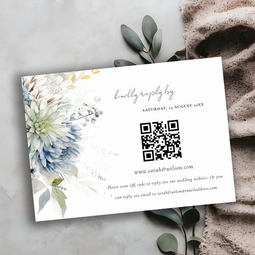 Blue Green Succulent Floral Wedding QR Code RSVP Enclosure Card