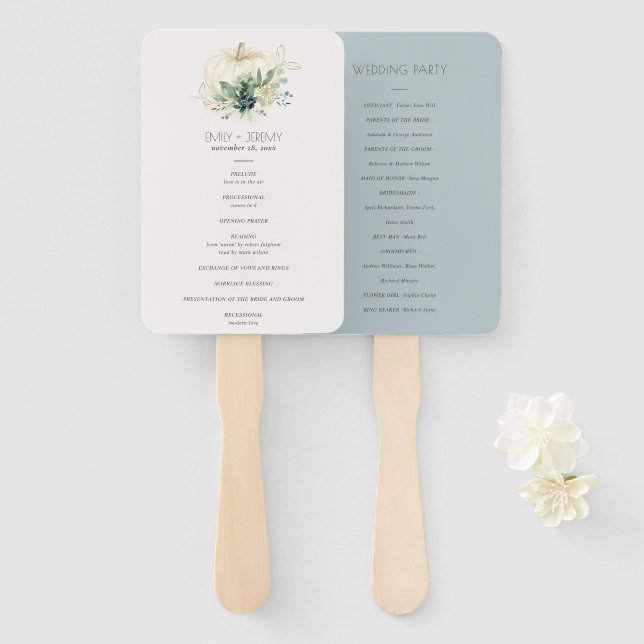 Blue Green  Succulent Pumpkin Wedding Program Hand Fan (Front and Back)