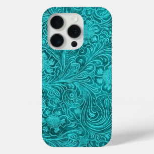 Blue-Green Suede Leather Look Retro Floral Design iPhone 15 Pro Case