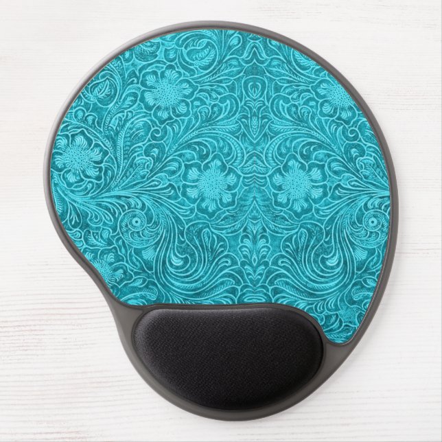 Blue-Green Suede Leather Look Retro Floral Design Gel Mouse Pad (Front)
