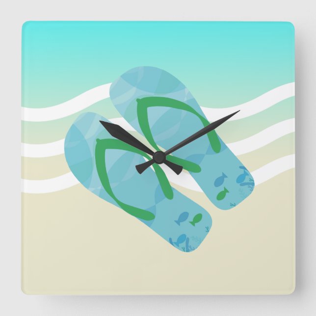Blue & Green Summer Beach Waves Flip Flops Square Wall Clock (Front)