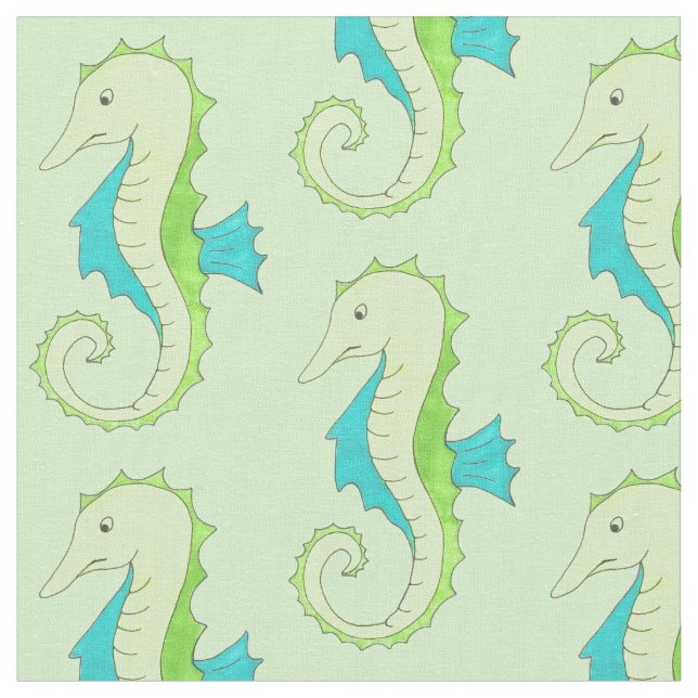 Blue Green Summer Seahorse Seahorses Beach Marine Fabric (Close Up)