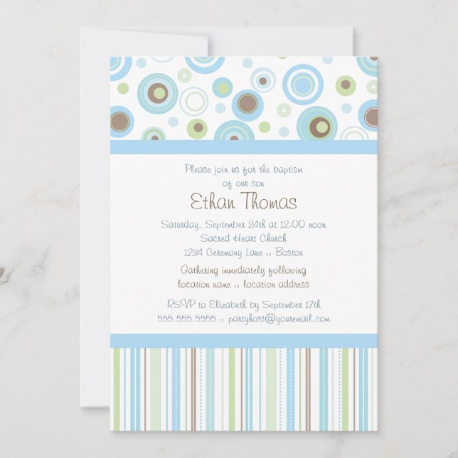 Blue Green Sweet Baby Boy Polka Dot Baptism Invite (Front)