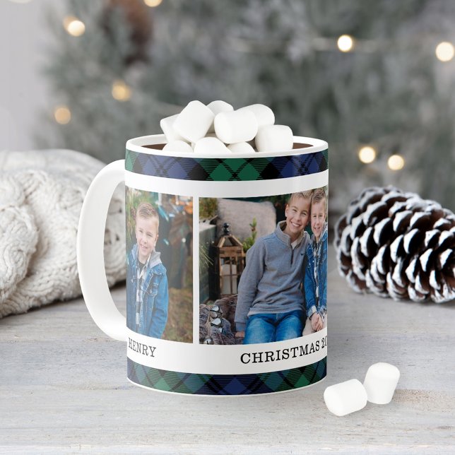 Blue Green Tartan Christmas Photo Name Coffee Mug (Creator Uploaded)