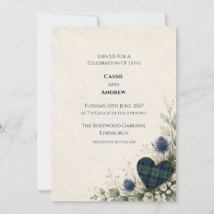 Blue Green Tartan Heart Thistle Wedding Invitation