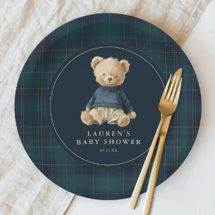 Blue Green Tartan Polo Bear Baby Shower Paper Plates