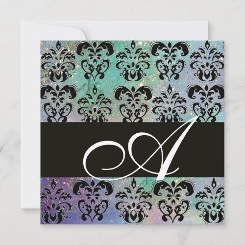 BLUE GREEN TEAL BLACK  DAMASK MONOGRAM  white Invitation