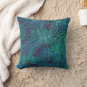 Blue Green Teal Bohemian Batik Pattern Design Throw Pillow