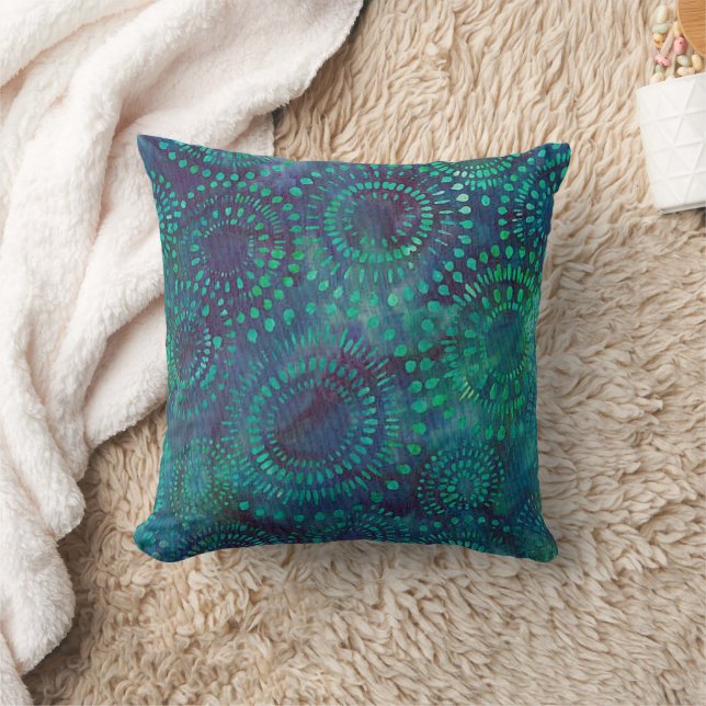 Blue Green Teal Bohemian Batik Pattern Design Throw Pillow (Blanket)
