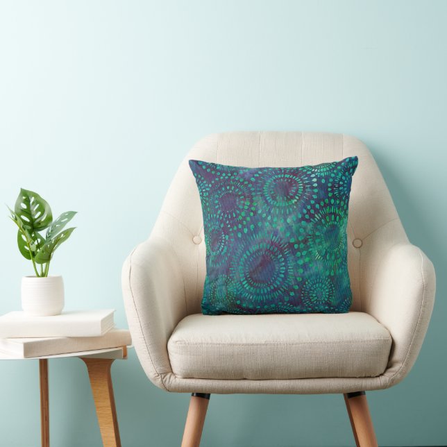 Blue Green Teal Bohemian Batik Pattern Design Throw Pillow (Chair)
