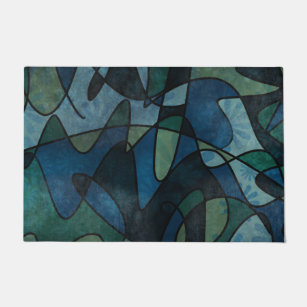 Blue Green Teal Digital Stained Glass Abstract Art Doormat