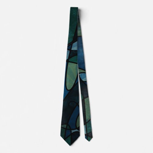 Blue Green Teal Digital Stained Glass Abstract Art Tie