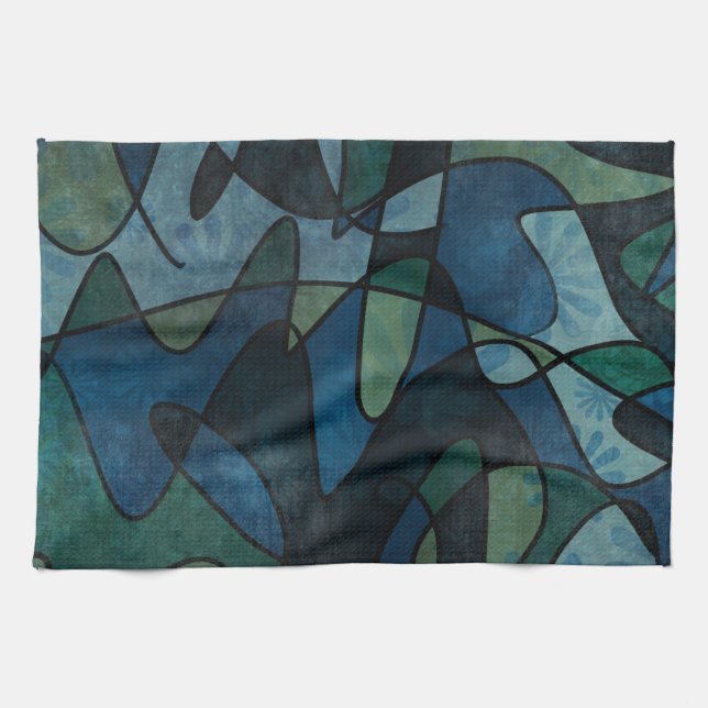 Blue Green Teal Digital Stained Glass Abstract Art Towel (Horizontal)
