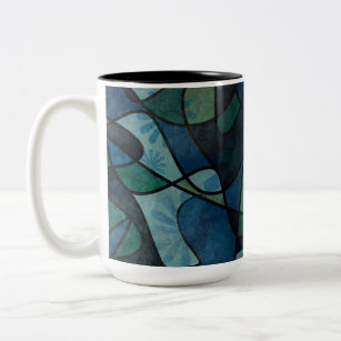 Blue Green Teal Digital Stained Glass Abstract Art Two-Tone Coffee Mug