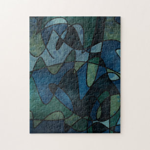 Blue Green Teal Digital Stained Glass Abstract Jigsaw Puzzle
