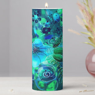 Blue Green Teal Floral Abstract Flower Flowers Pillar Candle
