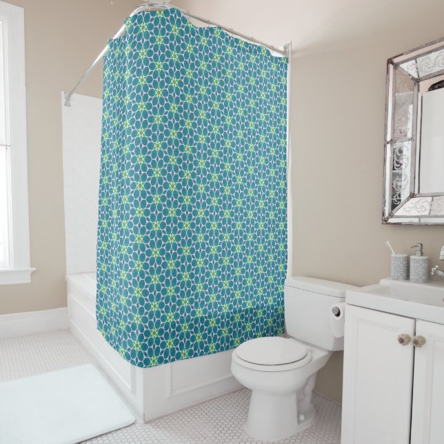 Blue green teal floral tile pattern shower curtain (In Situ)