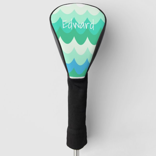 Blue, Green & Teal Geometric Sea Waves  Golf Head Cover (Front)