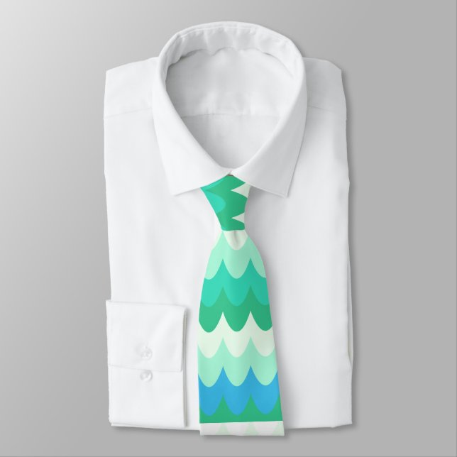 Blue, Green & Teal Geometric Sea Waves  Neck Tie (Tied)