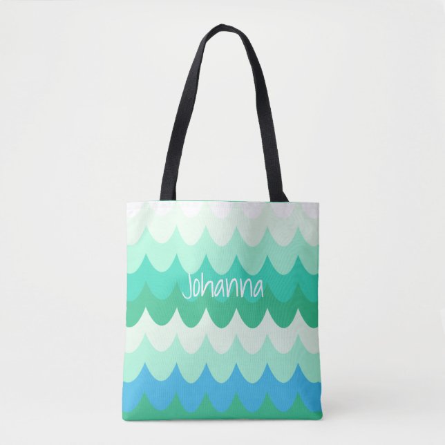 Blue, Green & Teal Geometric Sea Waves  Tote Bag (Front)