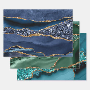 Blue Green Teal Gold Glitter Agate Trendy  Wrapping Paper Sheets