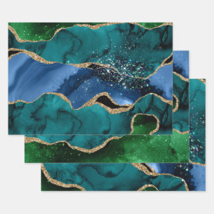 Blue, Green & Teal & Gold Glitter Peacock Agate Wrapping Paper Sheets