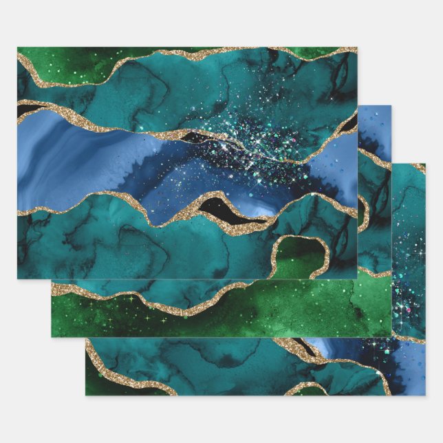 Blue, Green & Teal & Gold Glitter Peacock Agate Wrapping Paper Sheets (Set)