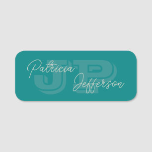 Blue Green Teal Monogram Calligraphy Name Tag