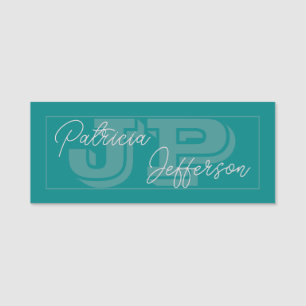Blue Green Teal Monogram Handwritten Calligraphy Name Tag