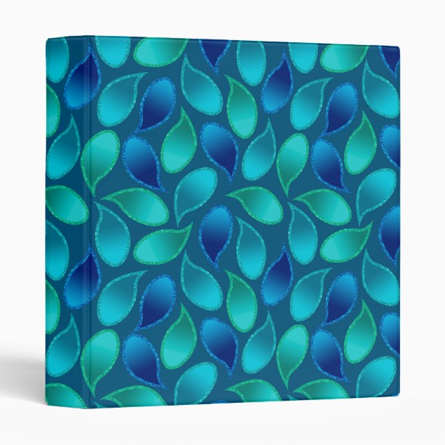 Blue green, teal, peacock rain drops pattern 3 ring binder (Front/Spine)