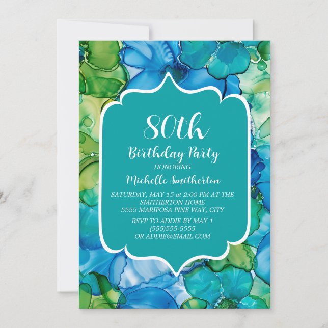 Blue Green Teal Watercolor 80th Birthday Invitation (Front)
