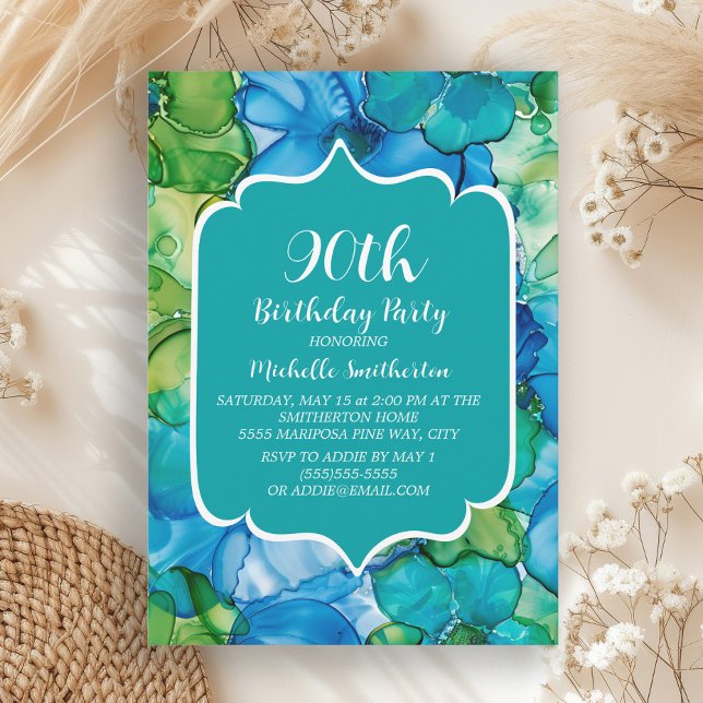 Blue Green Teal Watercolor 90th Birthday Invitation (Blue and green alcohol ink 90th birthday party invitation)