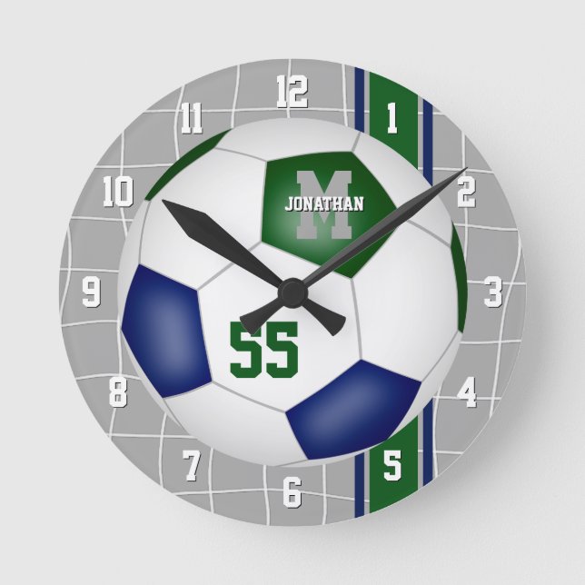 blue green team colors varsity stripes soccer round clock (Front)