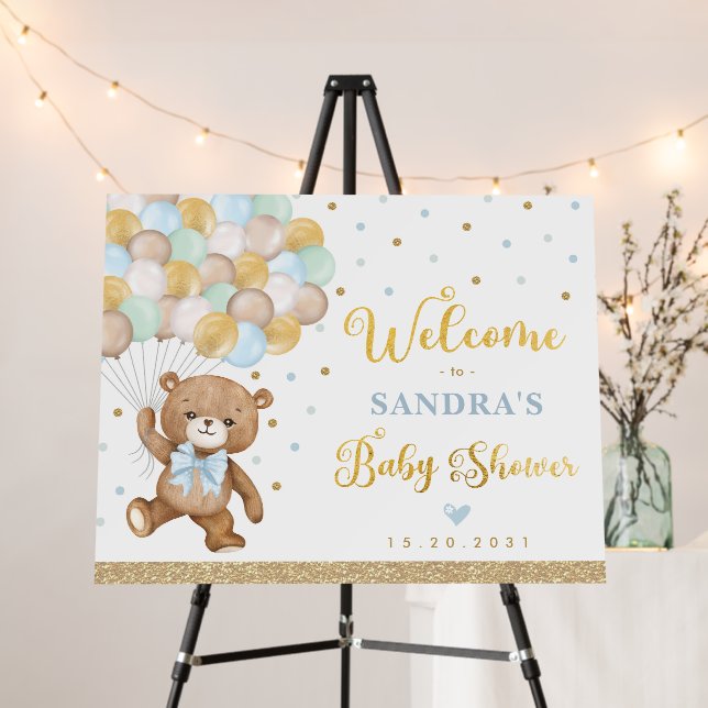 Blue Green Teddy Bear Balloon Welcome Baby Boy Foam Board (In Situ (Stand))