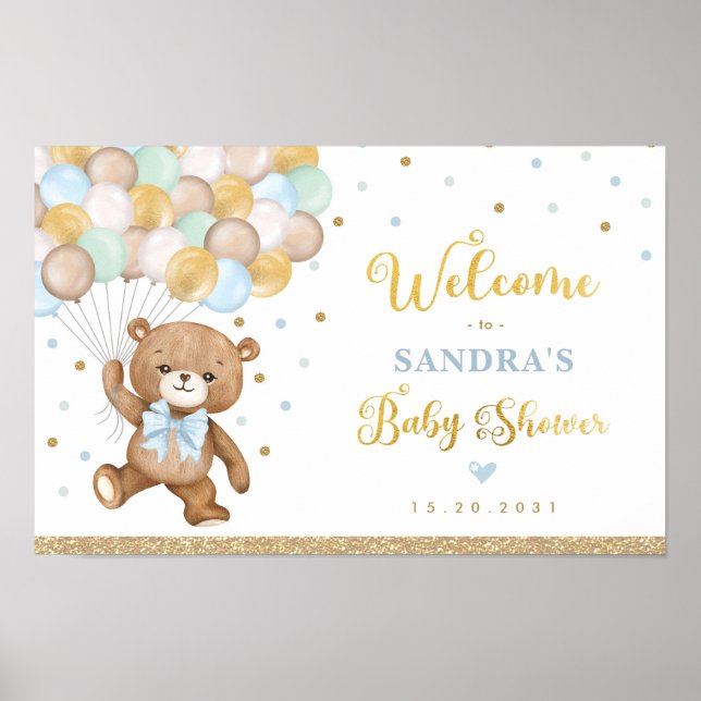 Blue Green Teddy Bear Balloon Welcome Baby Boy Poster (Front)