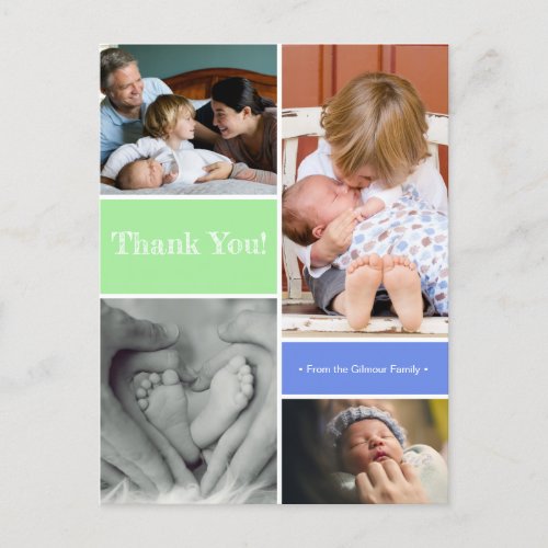 Blue green Thank you 2nd baby birth announcement Postcard