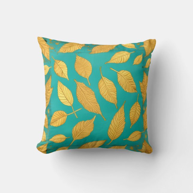 Blue Green Throw Pillow with Gold Leaves (Front)
