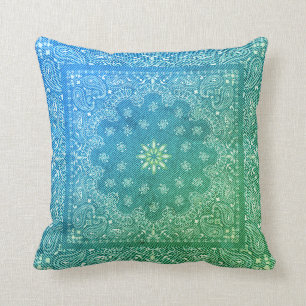 Blue Green Tie Dye Faux Denim Framed Kaleidoscope Throw Pillow