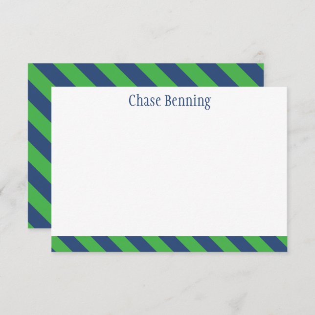Blue & Green Tie Stripes Personalized Note Cards (Front/Back)