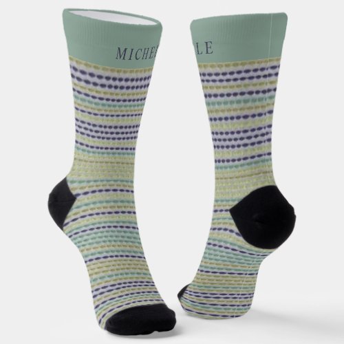 Blue Green Traditional  Lines Striped Custom Name  Socks