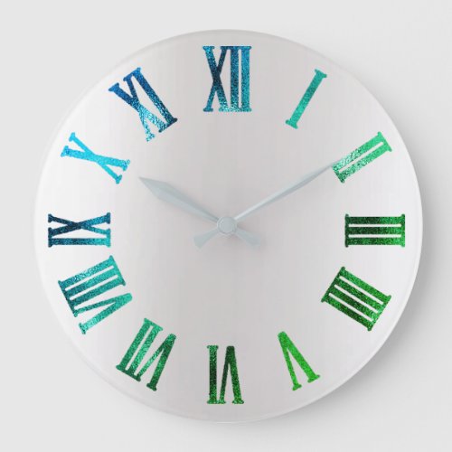 Blue Green Tropic Glitter Gray Metal Roman Numbers Large Clock